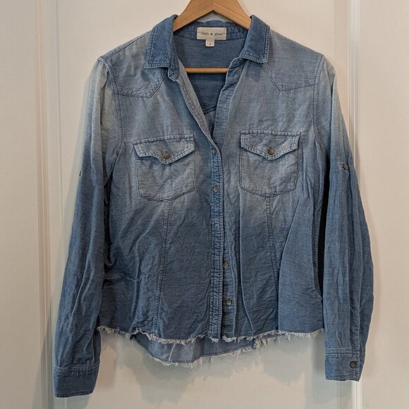 Cloth & Stone Top Women's Small Ombre Blue Corduroy Button-up Raw Hem Roll Tabs - Picture 6 of 16